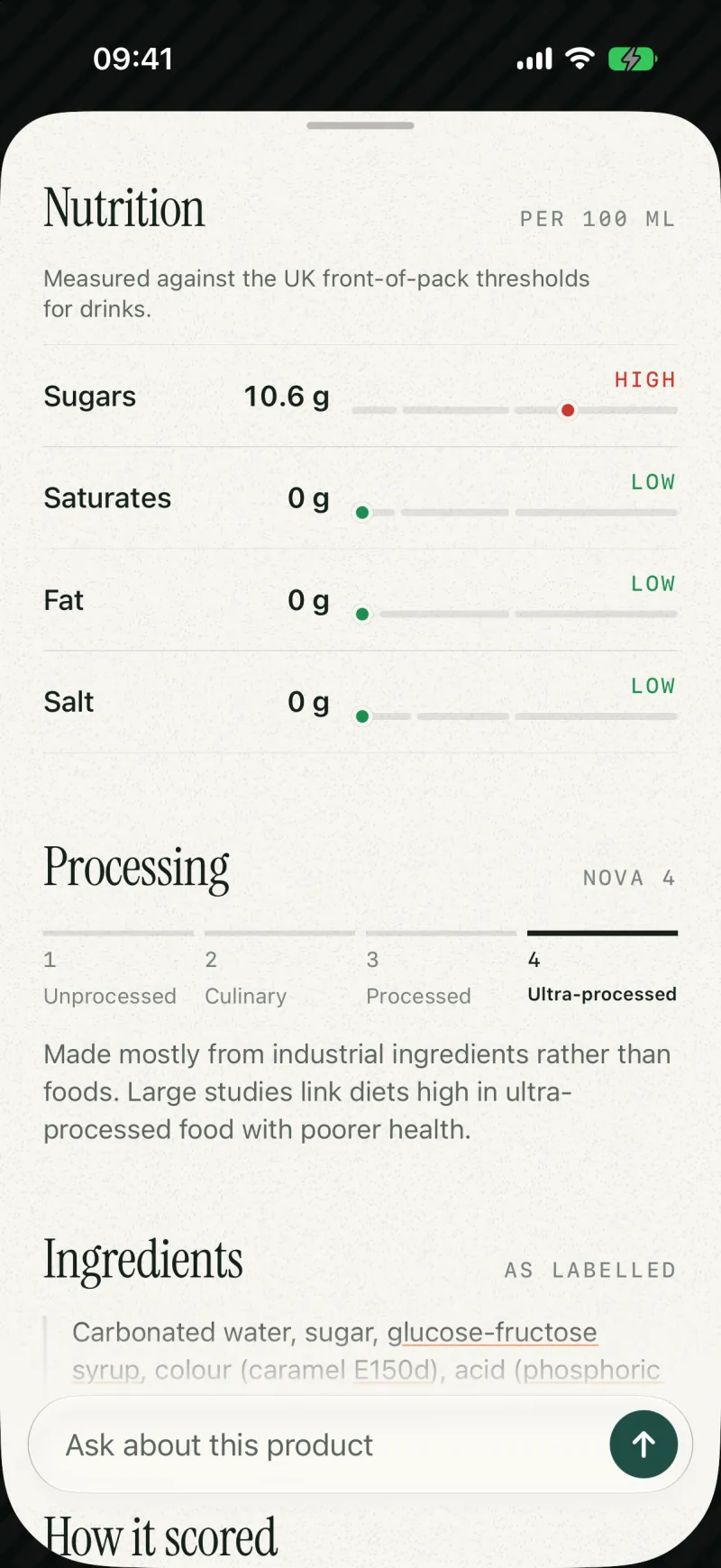 The nutrition and processing parts of Original Cola’s score: sugars 10.6 g per 100 ml, high; NOVA 4, ultra-processed.